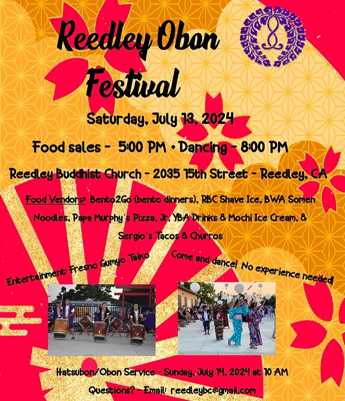 2024 Reedley Buddhist Church Obon Festival Event (Japanese Food: Beef Teriyaki Sticks, Somen, Teriyaki Chicken Bowls, Mochi Ice Cream etc.) Sat | Japanese-City.com