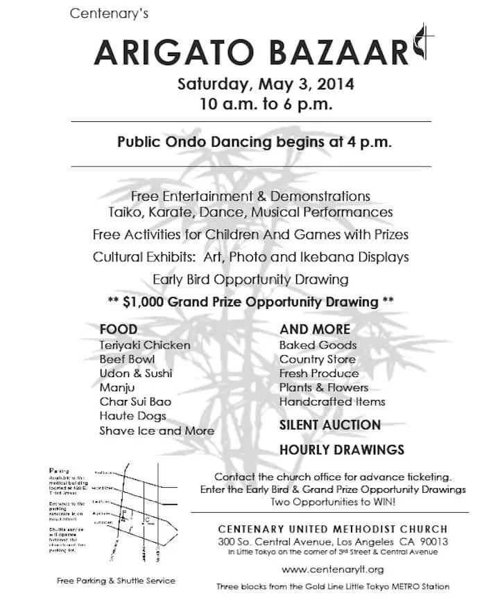 Centenary's 2014 Arigato Bazaar in Little Tokyo - Culture, Community, Food, Fun & Fellowship - Public Ondo 4pm -Taiko- Minyo Dance & Karate Demo