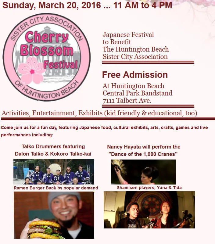 2016 Huntington Beach Central Park Cherry Blossom Festival (Music, Food, Dance, Crafts, Games, Ramen Burger) - Cherry Blossom Trees [VIDEO]  | Japanese-City.com