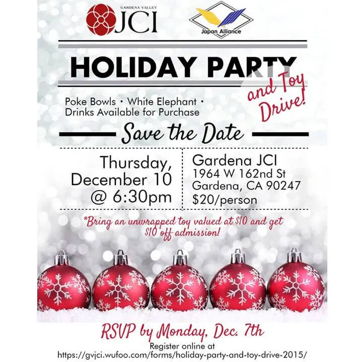 2015 Holiday Toy Drive (Food provided: poke bowls by Chef Brian Ueno) With Alcohol for Purchase & White Elephant Game) | Japanese-City.com