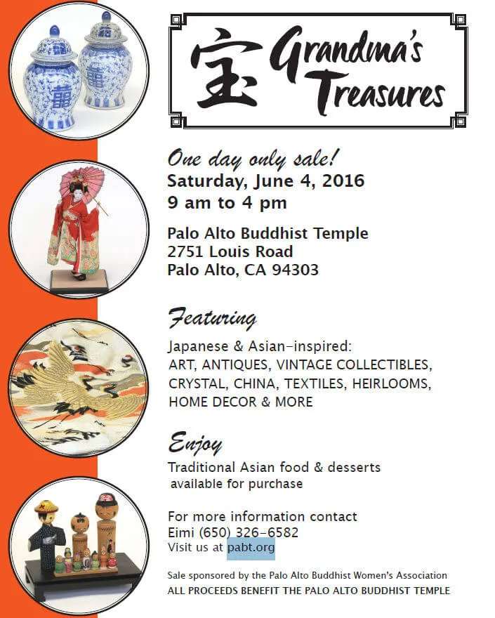 2016 Grandma's Treasures Vintage Sale at Palo Alto Buddhist Temple (Japanese & Asian-inspired Art, Antiques, Vintage Collectibles, China, Textiles..) | Japanese-City.com