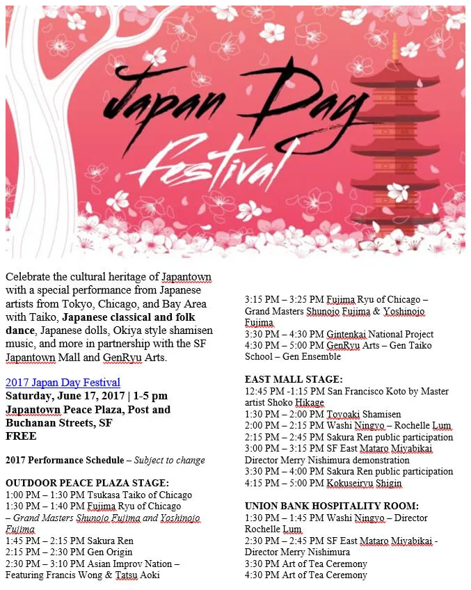 2017 Japan Day Festival - Celebrate the Cultural Heritage of Japantown - Japanese Artists from Tokyo, Chicago & Bay Area with Taiko