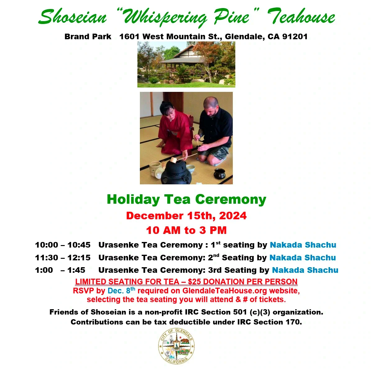 2023 Annual Holiday Tea & Japan Culture Day Event - Live Performances,  Food, Koto, Taiko, Art of Stick Fighting, Japanese Calligraphy, Bonsai..