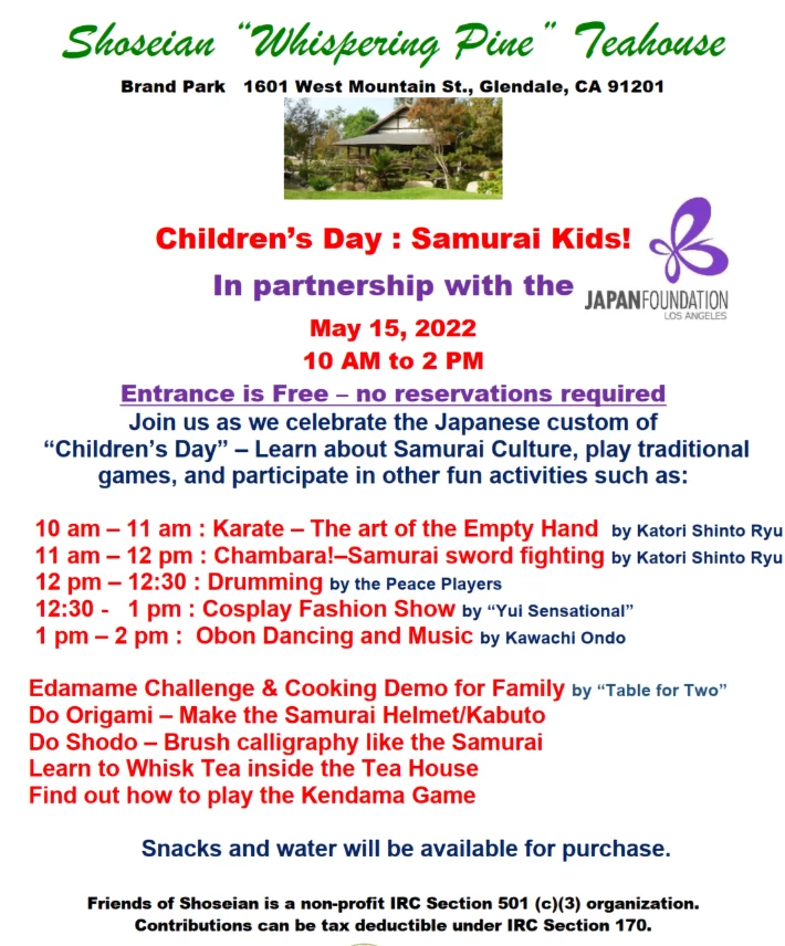 2023 Children's Day Event: Samurai Kids!, Shoseian Tea House (Obon Dancing, Karate, Games, Cosplay, Origami, Tea House, Calligraphy..)