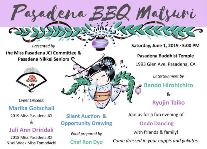 2019 Pasadena BBQ Matsuri (Silent Auction, Live Taiko) Ondo Dancing (Wear Your Happi and Yukatas) | Japanese-City.com