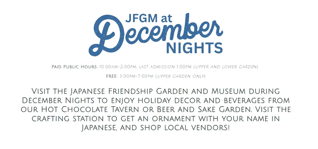 2023 December Nights (Sipping Hot Chocolate or Sake, Crafting a Japanese Ornament, Holiday Lights  & Decorations, Local Vendors..) | Japanese-City.com