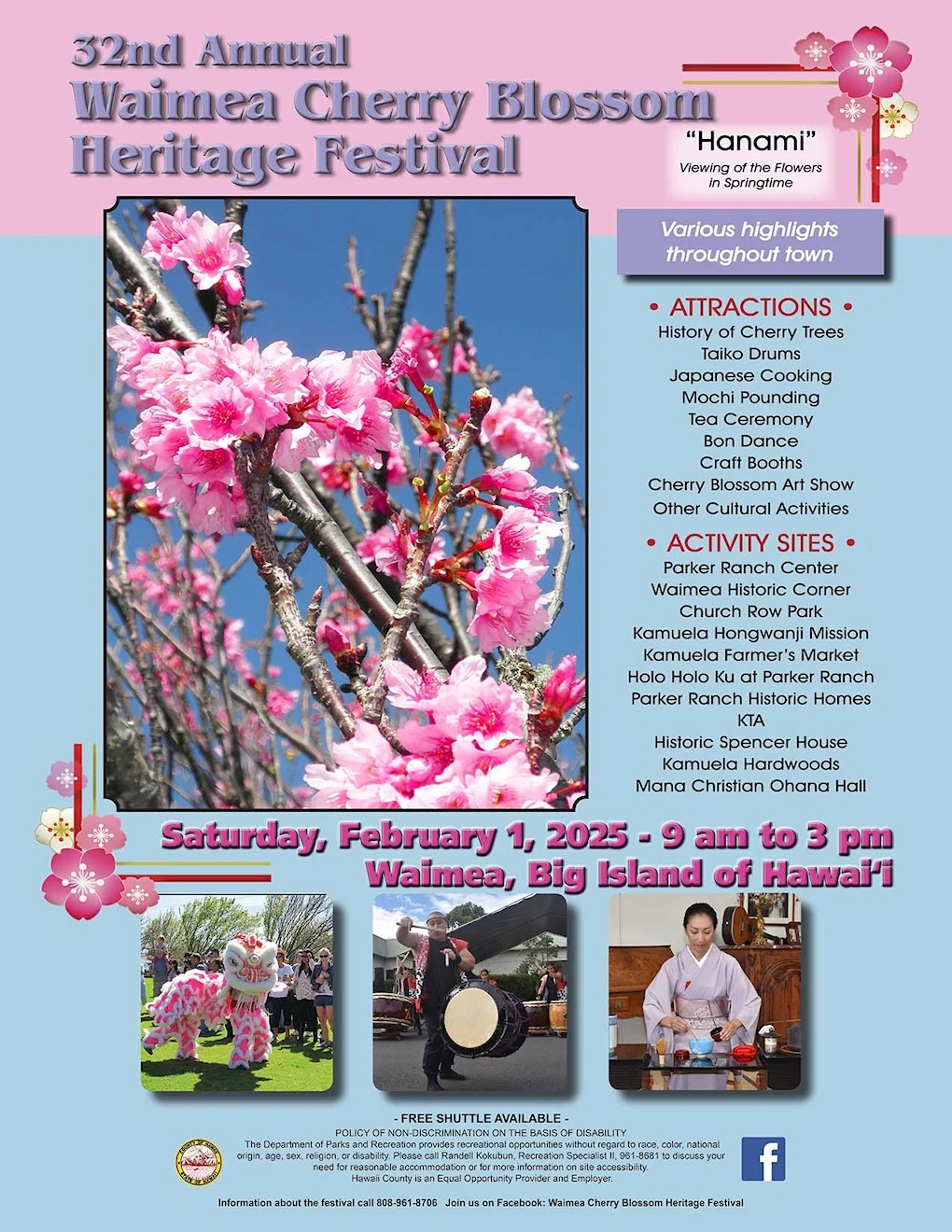 2024 - 31st Annual Waimea Cherry Blossom Heritage Festival (Japanese Food, Music, Live Taiko, Fashion, Crafts, Tours & More)