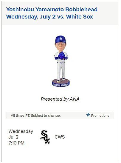 2024 Yoshinobu Yamamoto Bobblehead* at Dodger Stadium (Fans Who Buy Special Ticket Package Will Get a Yoshinobu Yamamoto Bobblehead) Use Dodger Link!