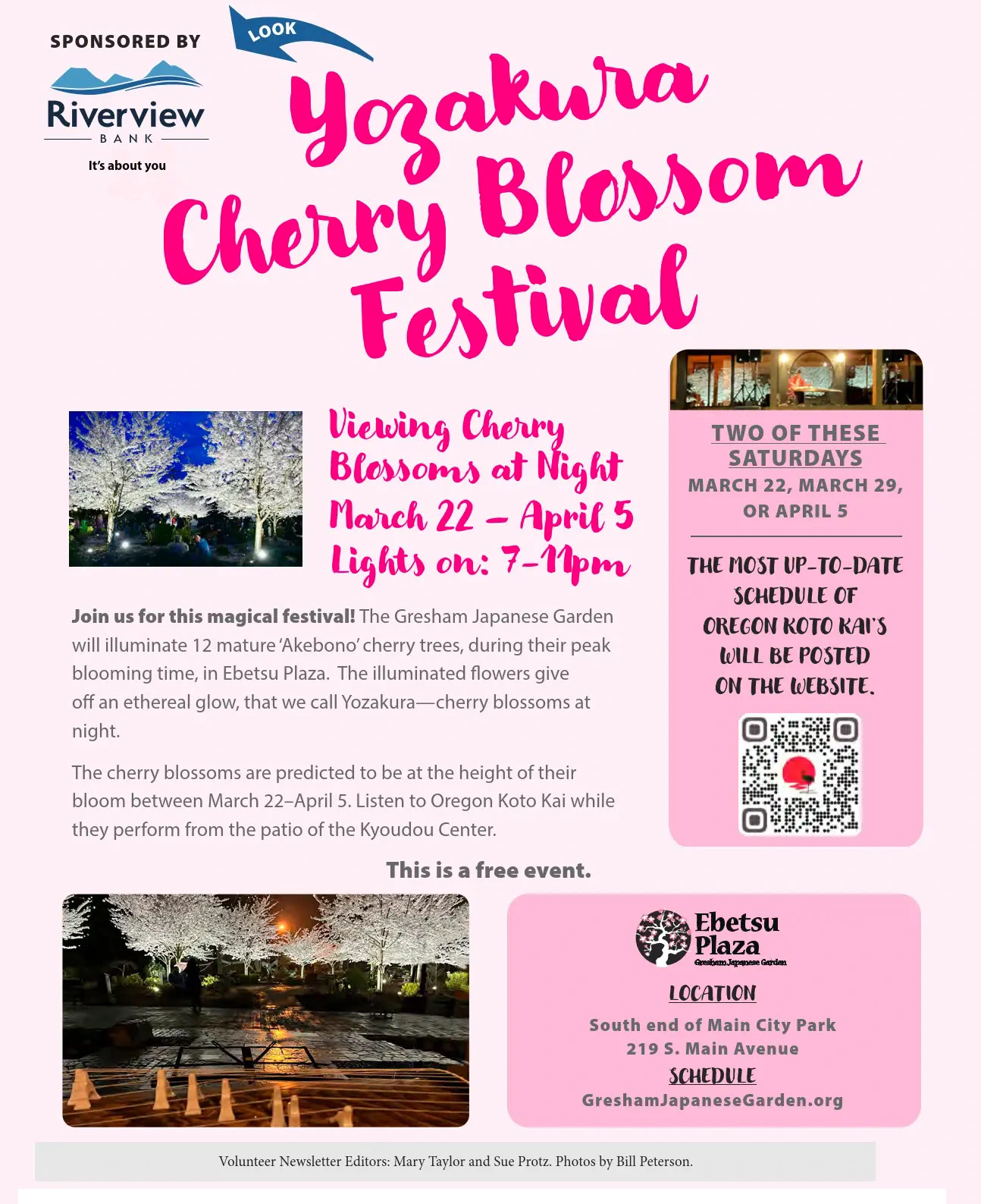 2024 Yozakura Festival: Cherry Blossom Viewing in the Daytime  (March 27 - April 7) Gresham Japanese Garden