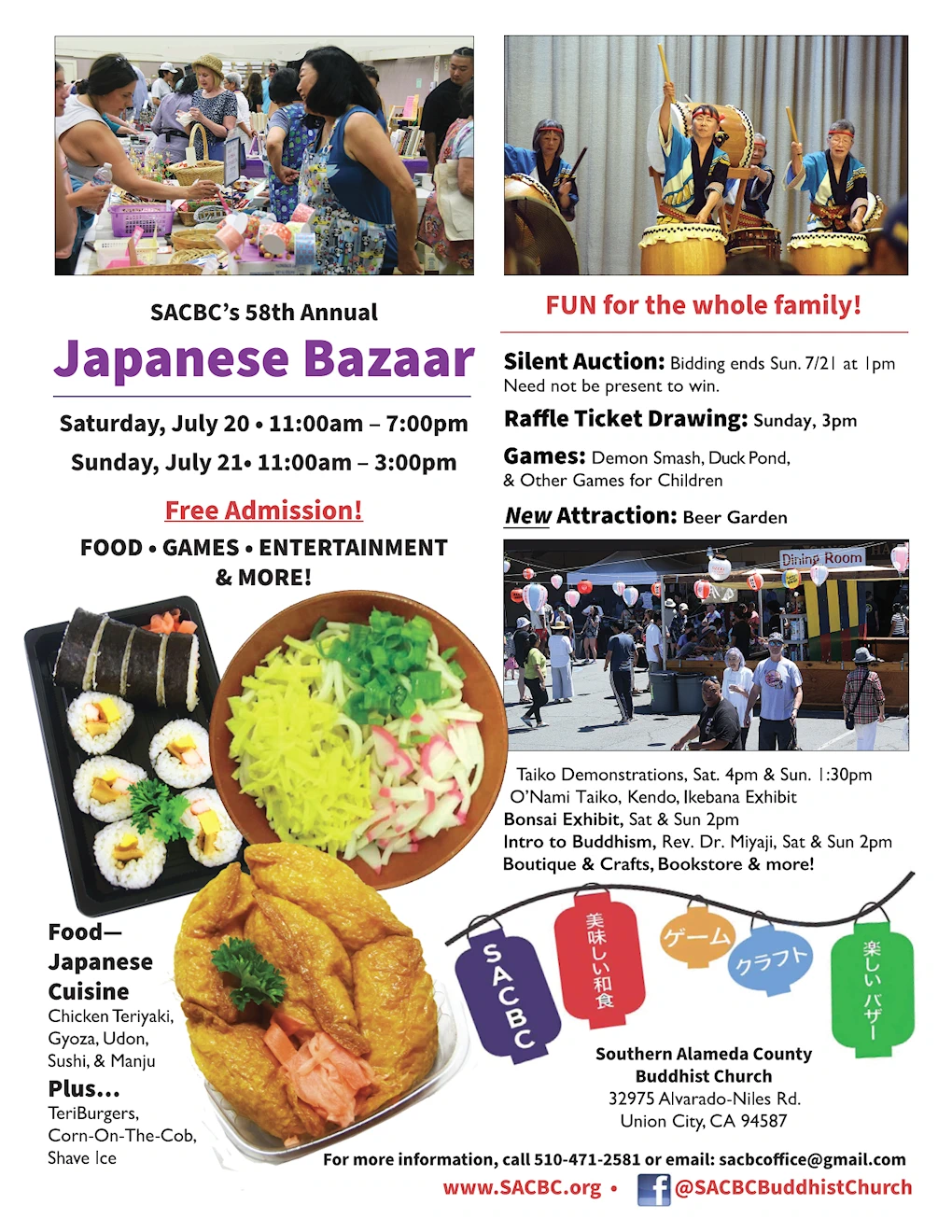 2023 - 57th Annual Japanese Bazaar - Southern Alameda County Buddhist Chuch (Japanese Food, Games, Bingo, Taiko, Entertainment, Exhibits, Etc.) 2 Days